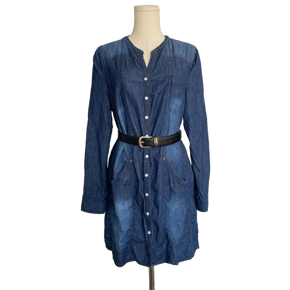 Ellos Western Denim Midi Dress Sz S/M Pearl Button Roll Tab Peasant Cottagecore - Picture 3 of 14
